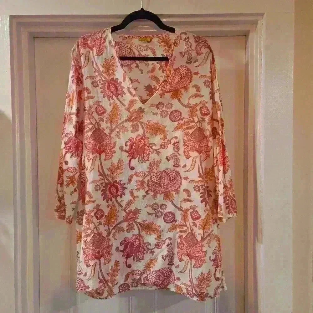 Roberta Roller Rabbit Womens Floral Cotton Tunic Blouse Pink White Size Large